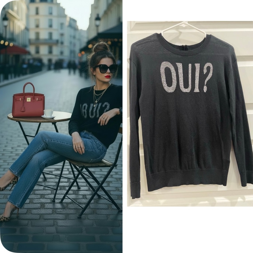 Halogen semi-sheer top graphic statement Parisian– pullover crew scoop, SMALL